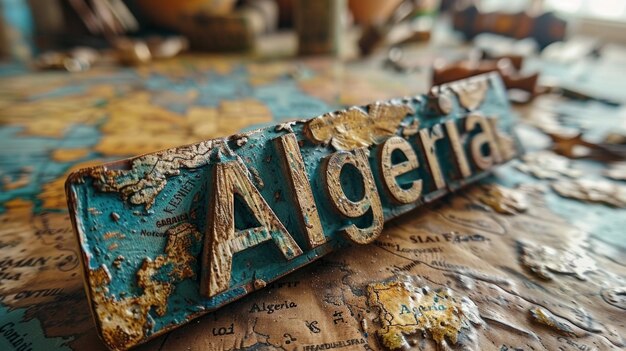 Photo closeup of a rustic algeria sign on a detailed world map