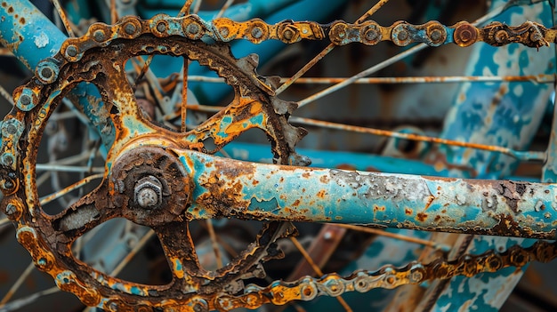 Closeup of a rusty bicycle chain and sprocket The blue paint on the bike is old and chipped Premium AI generated image