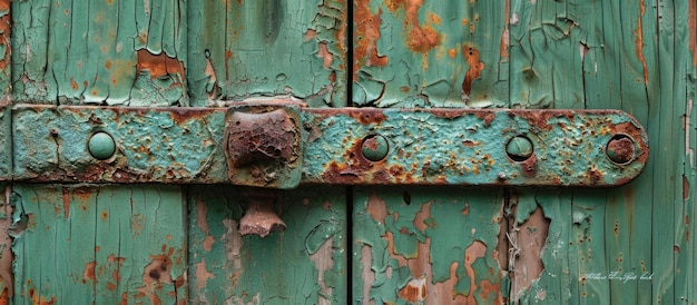 Близкий взгляд на ржавую зеленую дверь с нитями