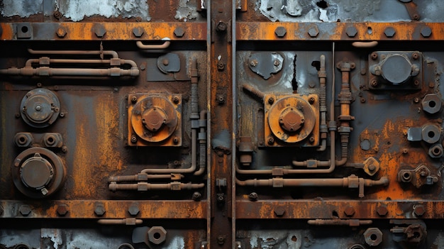 A closeup of rusty machinery providing an edgy Industrial Chic aesthetic featuring complementary gray and orange tones