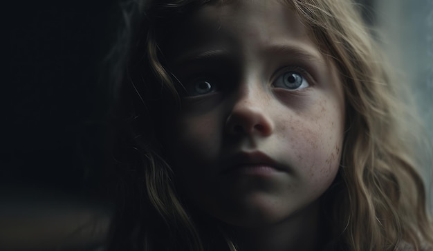 Closeup of a sad little girl looking up at distance with dark moody environment