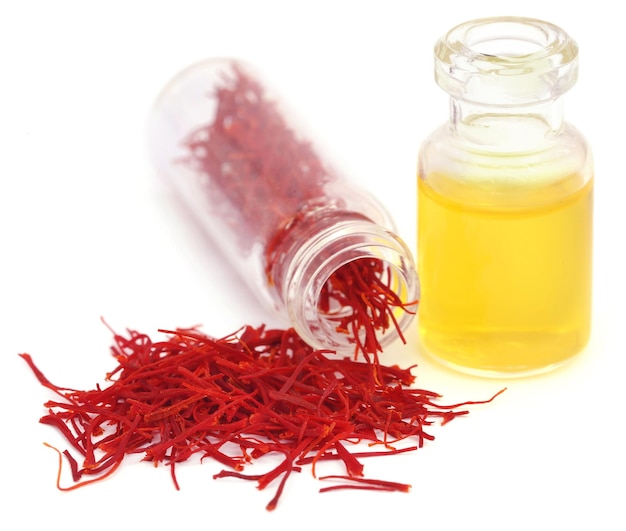 Closeup of Saffron used as food additive over white background