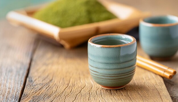 나무 테이블 위에 세라 컵에 있는 사케의 클로즈업 일본 국립 알코올 음료 맛있는 음료