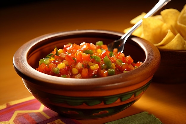 A closeup of a salsa bowl with a decorative serving spoon