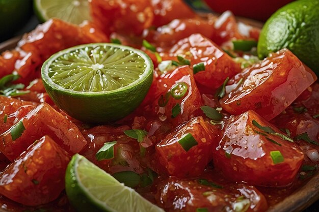 CloseUp of Salsa Fresca with Lime Wedges