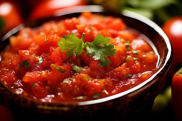 Foto un primo piano di una salsa roja rossa con pezzi visibili di pomodori e peperoni