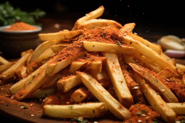 Closeup of salt and spices sprinkled on raw fries