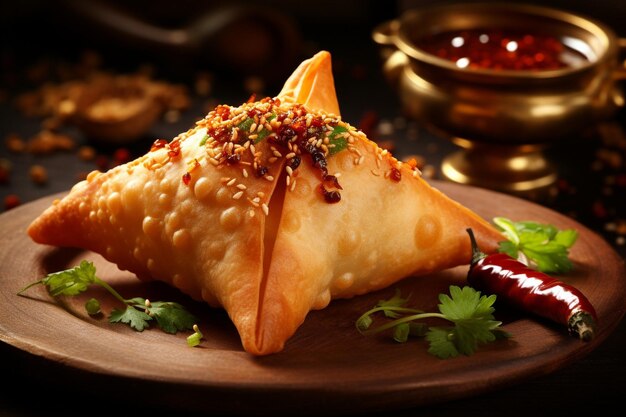 Foto closeup of a samosa being served with a sprinkle of crushed red pepper flakes