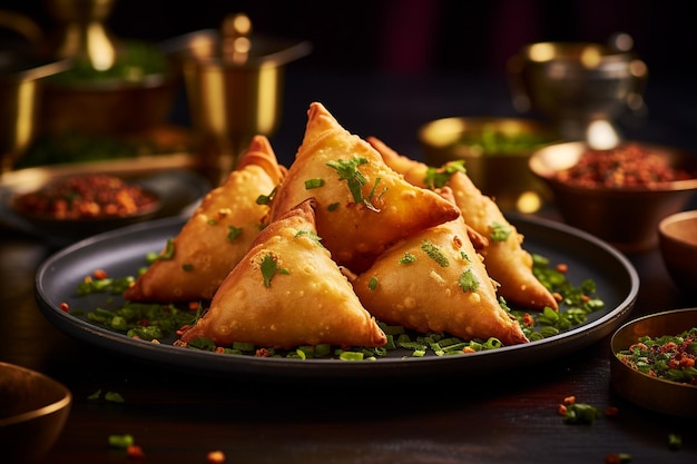 Photo closeup of a samosa being served with a sprinkle of crushed red pepper flakes