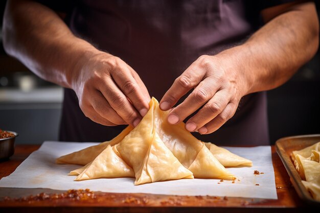 Foto close-up della pasticceria di samosa che viene piegata e sigillata