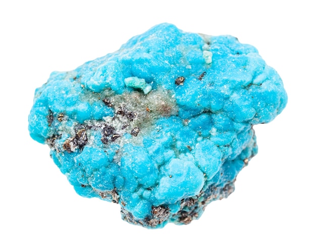 closeup of sample of natural mineral from geological collection raw blue Turquoise rock isolated on white background