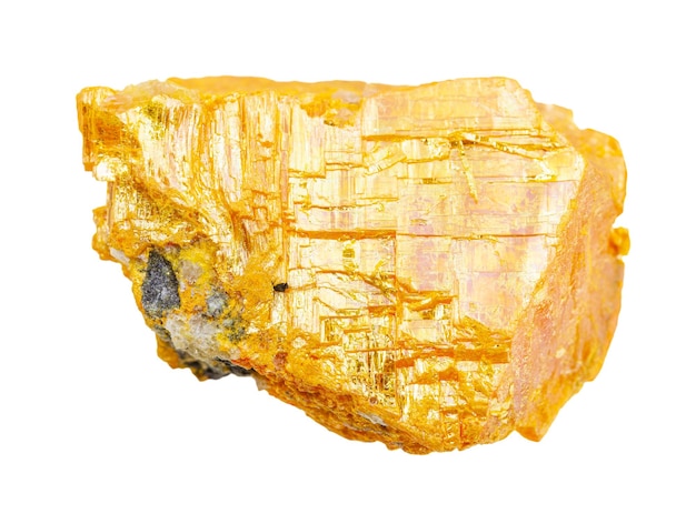 Closeup of sample of natural mineral from geological collection raw Orpiment rock isolated on white background