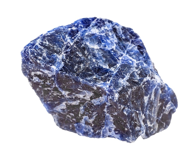 Closeup of sample of natural mineral from geological collection raw Sodalite rock isolated on white background