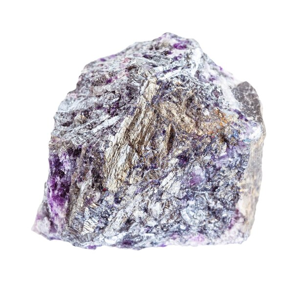 Photo closeup of sample of natural mineral from geological collection raw stibnite antimonite ore with amethyst quartz isolated on white background