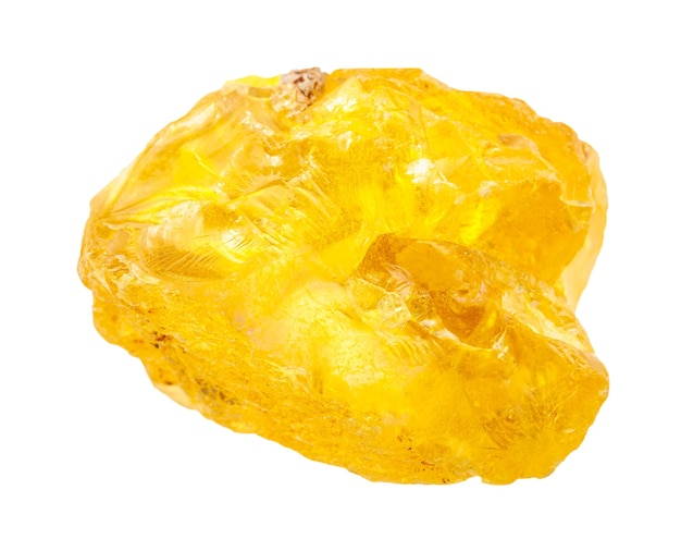 Photo closeup of sample of natural mineral from geological collection rough sulphur sulfur nugget isolated on white background