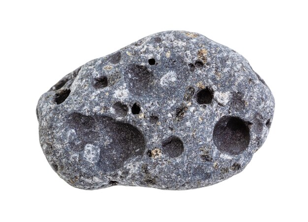 closeup of sample of natural mineral from geological collection tumbled gray Pumice rock isolated on white background