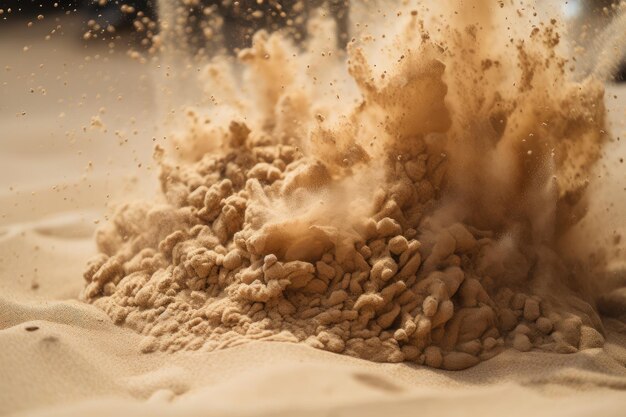 Крупный план взрыва песка с видимыми отдельными зернами и частицами