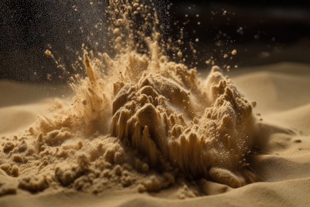 Closeup of sand explosion with individual grains of sand visible