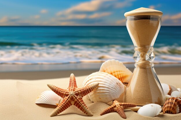 Photo closeup of a sandglass near a starfish and seashells on sandy beach