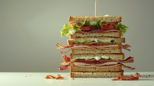 крупный кадр сэндвича с томатным салатами и ветчиной на белом фоне
