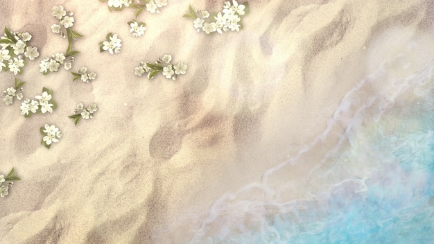 Песчаный пляж крупного плана с голубыми волнами океана и цветов, летний фон. Элегантный и роскошный летний стиль 3D иллюстрации