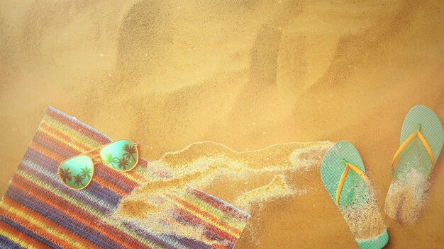 Photo closeup sandy beach with sandal and glasses, summer background. elegant and luxury style 3d illustration