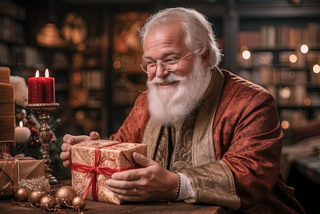 Closeup of Santa Claus's hand holding a gift Holiday season and Christmas