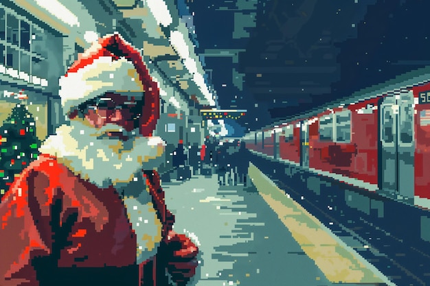 A closeup of a Santa Claus in a suit waiting for the train station