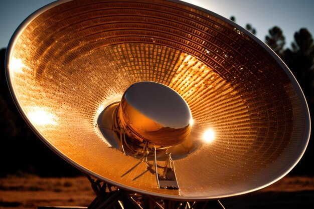 Foto primo piano di un'antenna parabolica satellitare con la luce del sole che splende su di essa