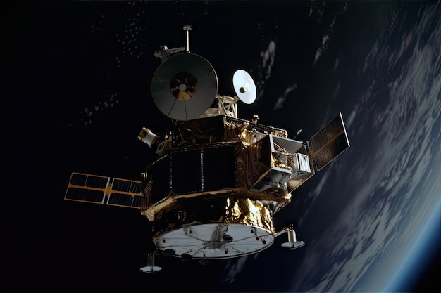 Closeup of satellite with visible antennas and sensors