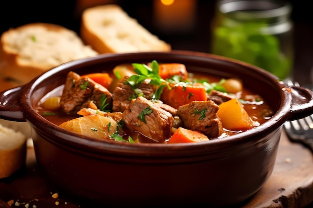 A closeup of a savory and hearty Irish stew