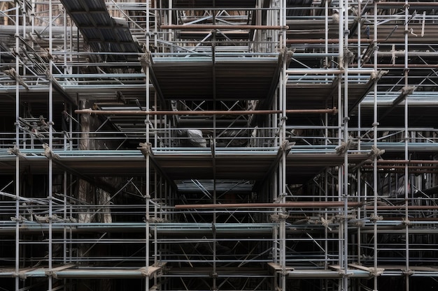 Closeup of scaffolding made of metal pipes and cables