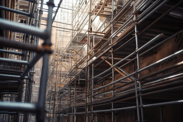 Closeup of scaffolding made of metal pipes and cables