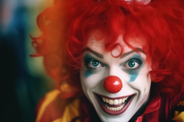 Крупный план страшного злого клоуна в костюме во время хэллоуина ИИ