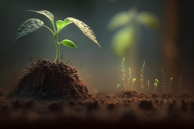 A closeup scene of farming and plant growth is set against a green blurry backdrop Generative AI