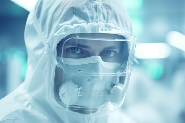 Closeup of a scientist in a cleanroom Generative ai