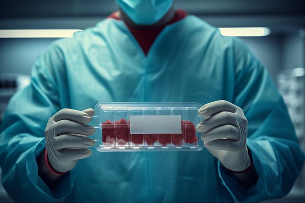 Closeup of scientist holding test tube with blood sample in laboratory