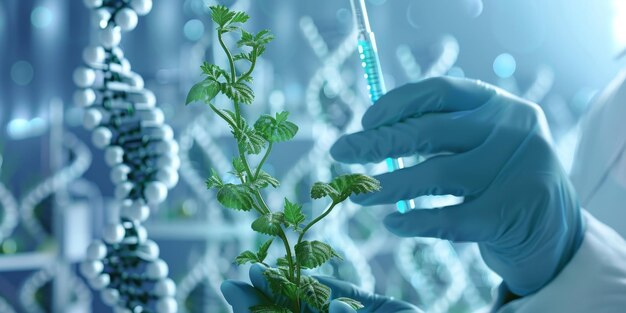 Photo closeup of a scientists hand holding a genetically modified plant with lab equipment