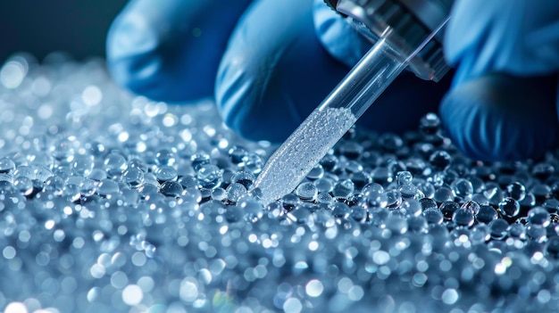 Photo a closeup of a scientists hands wearing gloves as they carefully manipulate tiny aerogel