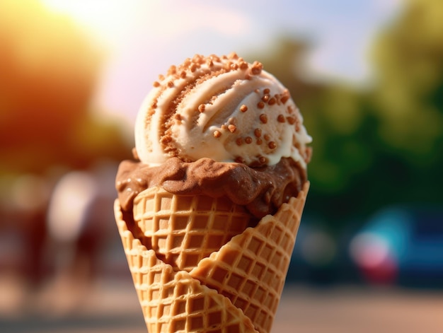 Closeup of a Scoop of Ice Cream Delight in a Waffle Cone Generative AI