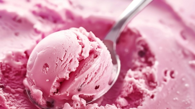 Photo closeup of a scoop of strawberry ice cream with a metal spoon