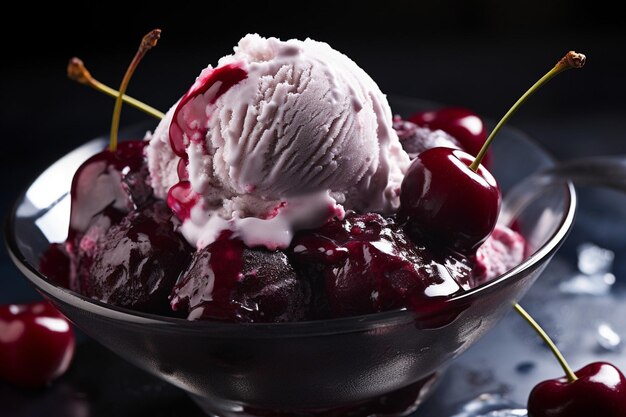 Closeup of scooping black cherry ice cream into a dish