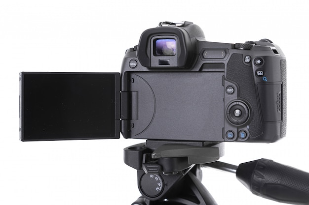 Photo closeup of screen of modern black camera device isolated