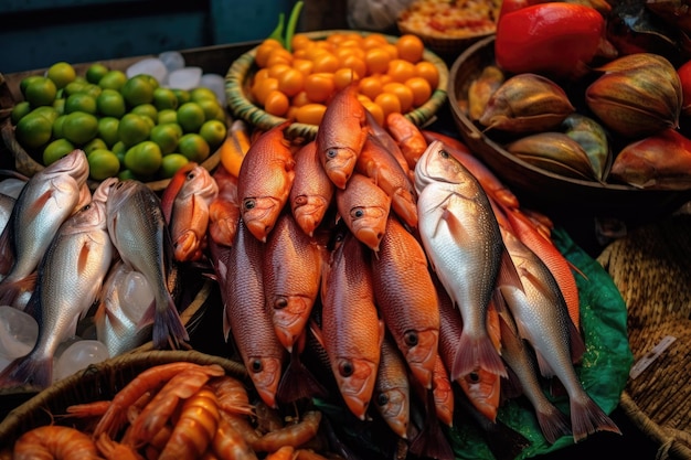 海鮮品種のクローズアップは,生成的なAIで作成されたセラーのスタンドです.