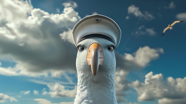 Photo a closeup of a seagull wearing a white captains hat with a black band and a gold badge