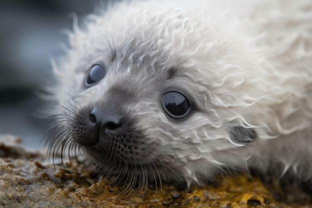 Photo closeup of seal pups fluffy fur and curious eyes created with generative ai