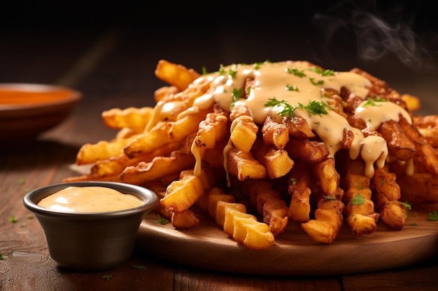 Closeup of seasoned lattice fries with a side of barbecue sauce