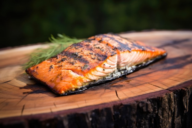 Closeup of seasoned salmon fillet on a cedar plank