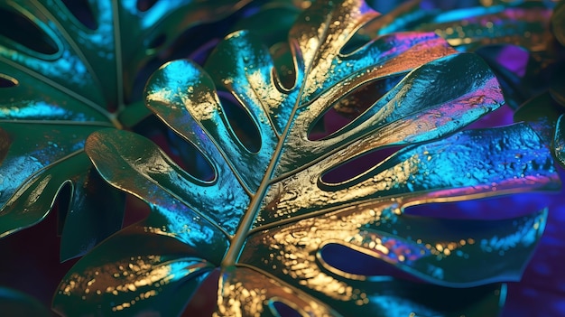 Closeup see of characteristic holographic monstera leaf Creative resource AI Generated