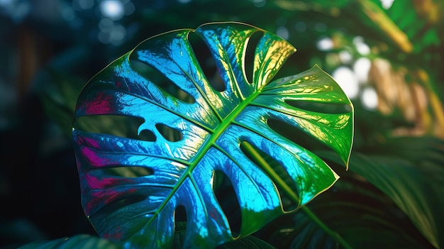 Foto vista in primo piano della caratteristica foglia olografica di monstera risorsa creativa ai generata